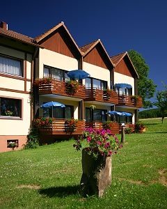 Hotel Luisenhof: Haus mit Holzbalkonen, Blumenschmuck und Sonnenschirmen auf der Wiese