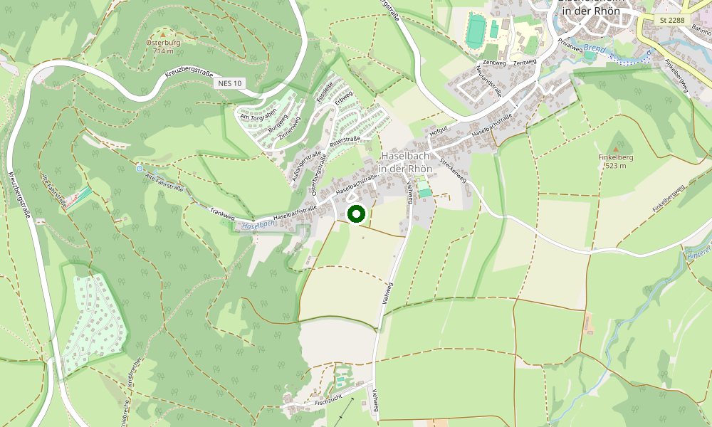 Ortskarte von Haselbach bei Bischofsheim in der Rhön; ein grüner Punkt markiert das Hotel Luisenhof am südlichen Ende der Haselbachstraße