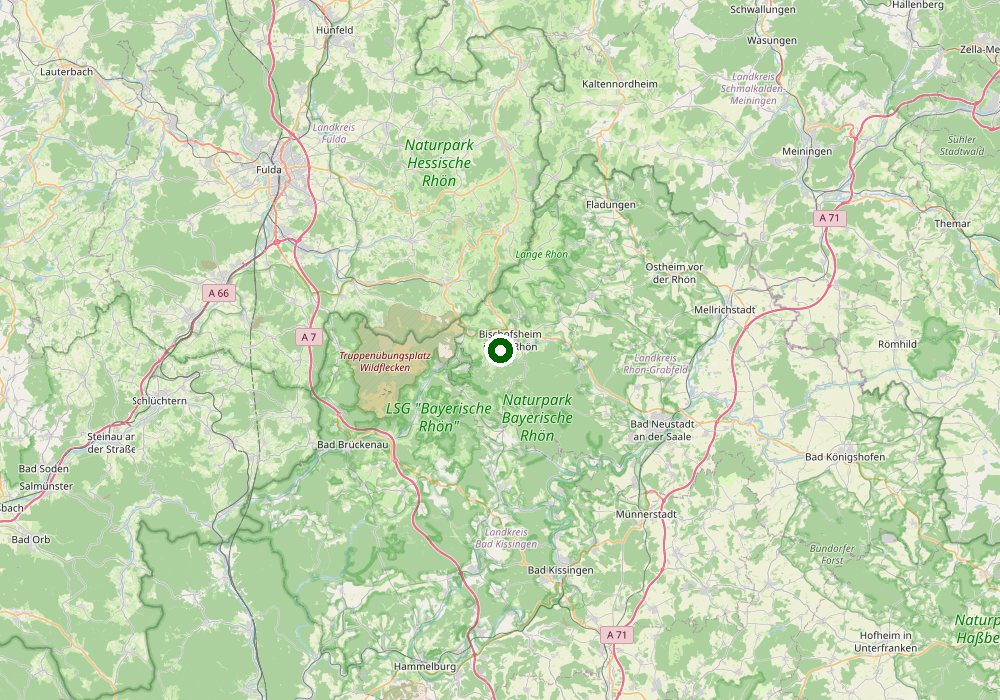 Übersichtskarte der Region zwischen Fulda, Bad Kissingen und Meiningen; ein grüner Punkt markiert Bischofsheim in der Rhön